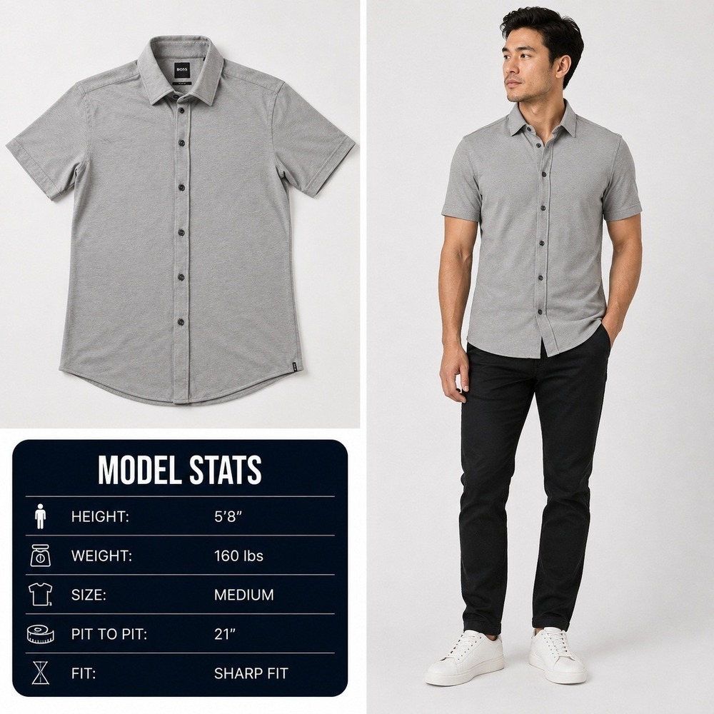 Hugo Boss Sharp Fit Mens Medium Grey Cotton Short Sleeve Button Down Shirt 963